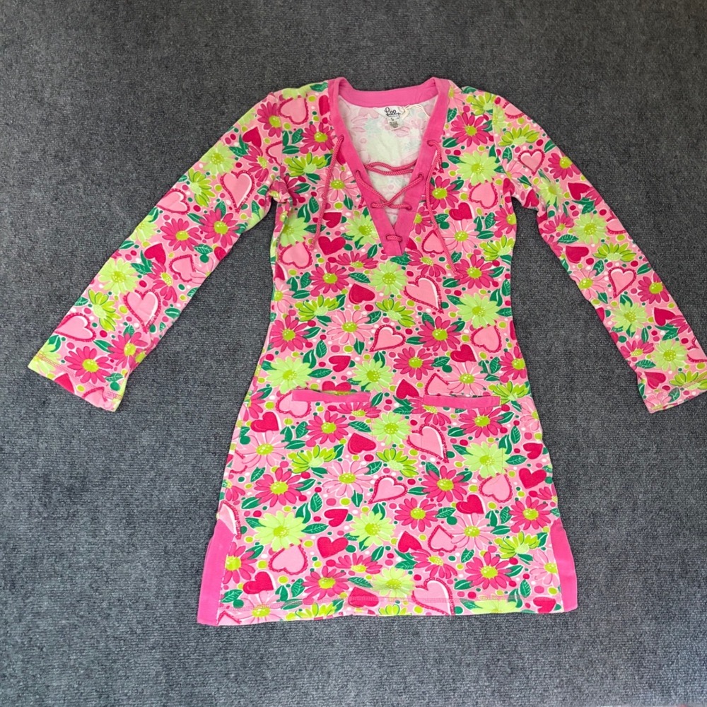Lilly Pulitzer XS Pink Green Floral Heart Terry Cloth Lace Up Tunic Dress 0088‎